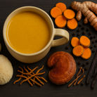 Mug of yellow liquid with turmeric, carrots, and other spices on a dark surface